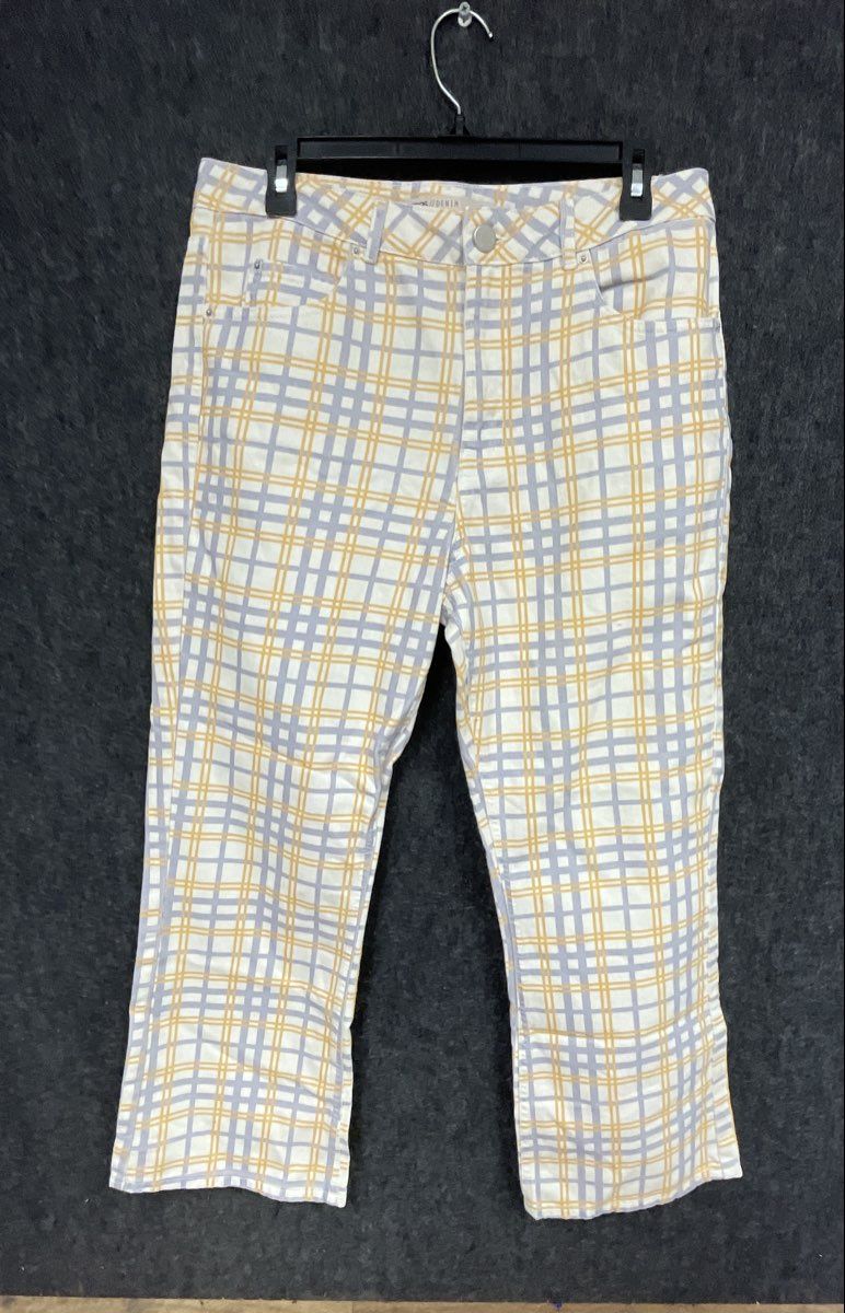 ASOS Denim Men's White Yellow Lavender Plaid Straight Leg Pants Sz 32/32