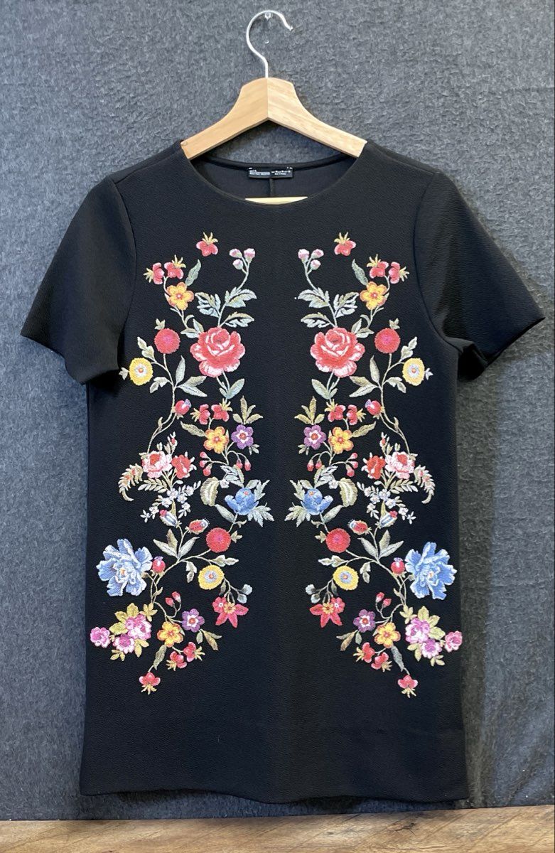 Zara Women's Black Floral Flower Embroidered Mini Shift Shirt Dress Size M