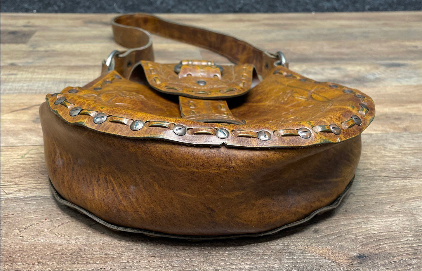 Vintage 1970s Brown Tooled Leather Floral Handmade Shoulder Bag