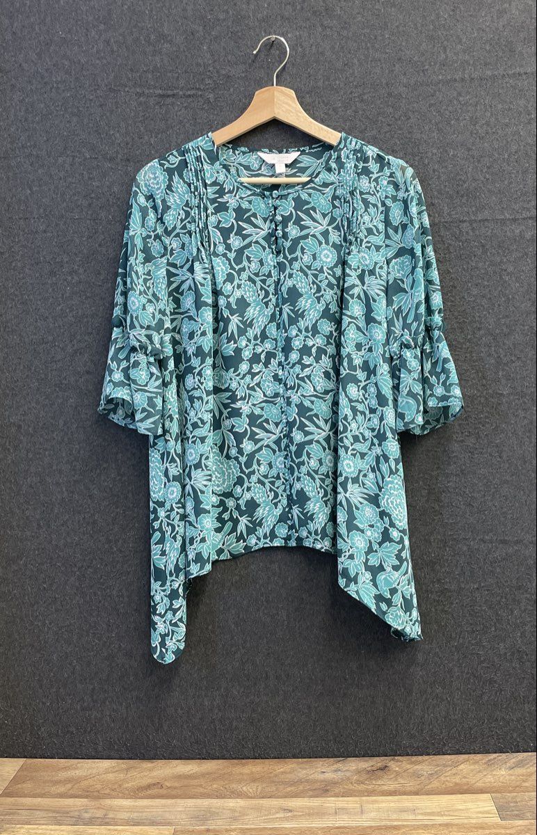 LC Lauren Conrad Women's Green Floral Handkerchief Hem Ruffle Sleeve Top Sz S