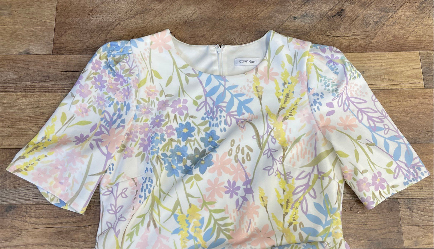Calvin Klein Women's White Pastel Floral Puff Sleeve Ruffle Hem Dress Sz 12