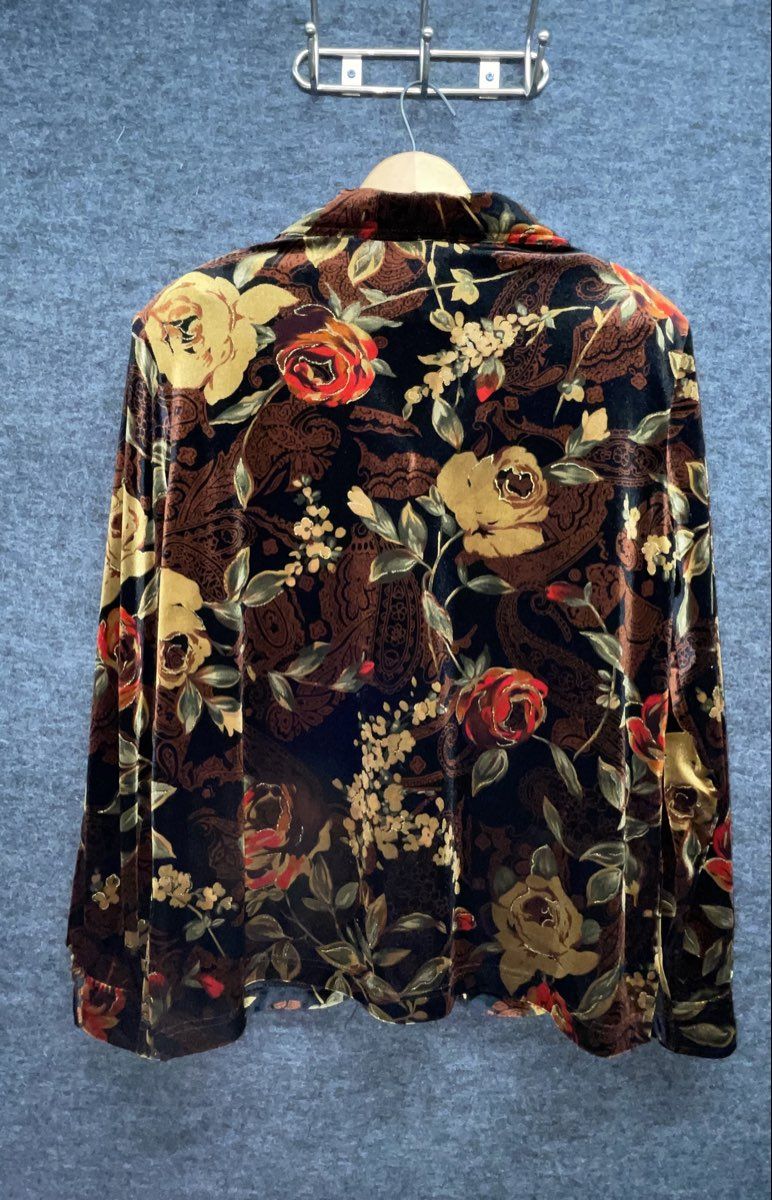 Vintage 90s Jones & Co Women's Floral Velvet Button Up Blouse Gold Sz L