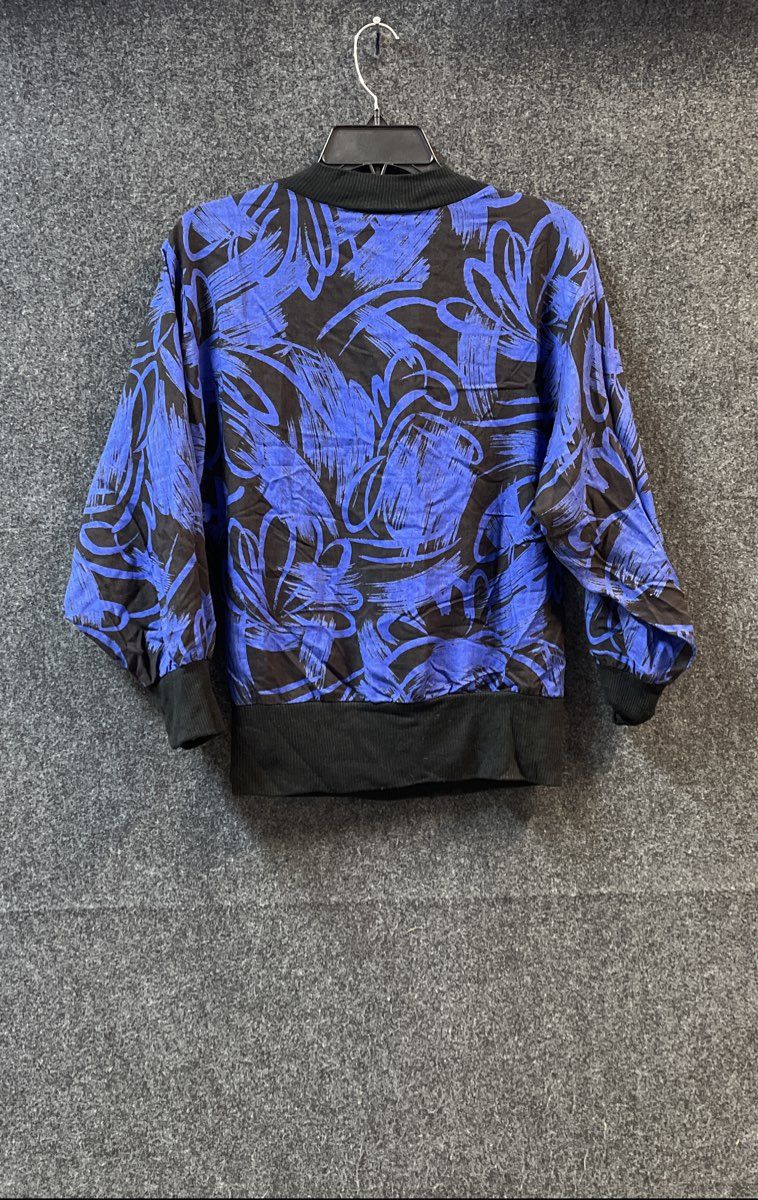 Vintage 80s Nicole Anne Women's Blue Black Abstract Batwing Blouse Size Medium