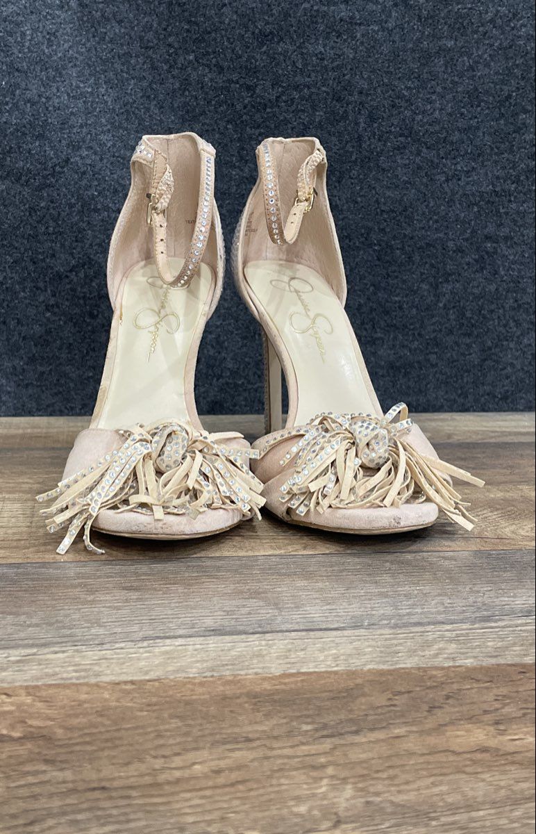 Jessica Simpson Jillar Pink Rhinestone Fringe Ankle Strap Heels Size 10M