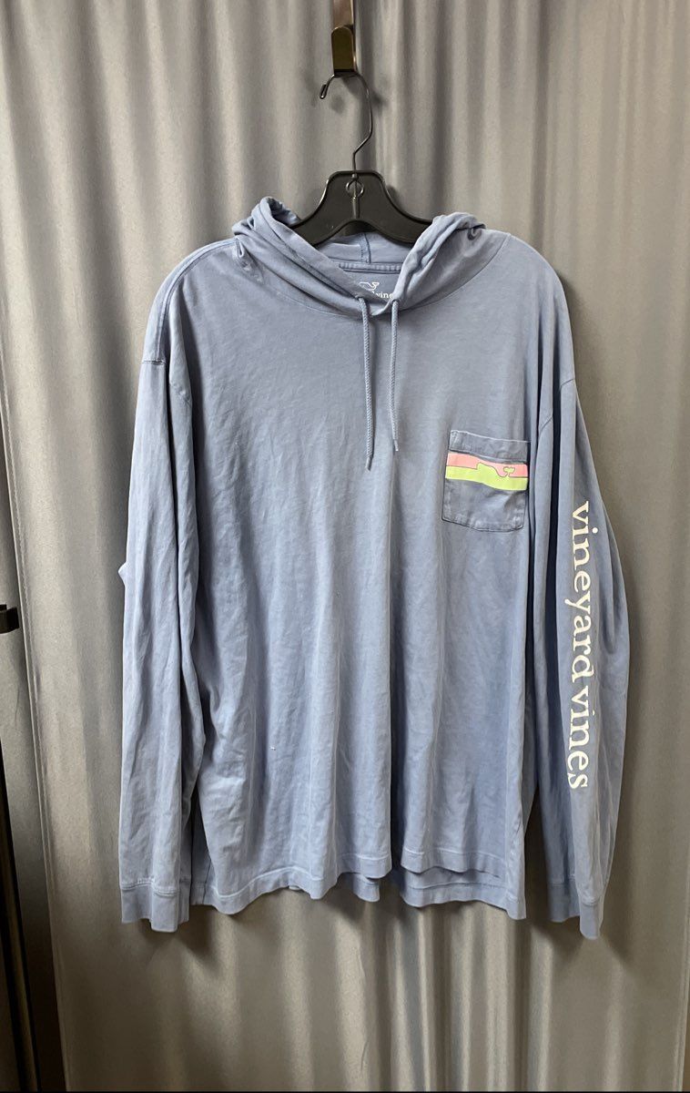 Vineyard Vines Men's Blue Long Sleeve Hooded Shirt Cotton Logo Graphic Sz XL