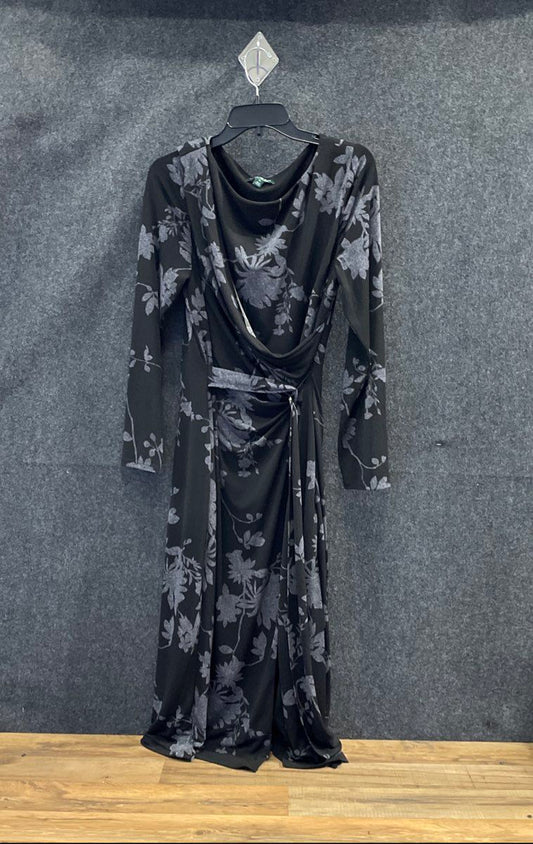 Ralph Lauren Women's Dress Black Gray Floral Draped Cowl Neck Side Ruched Sz 16
