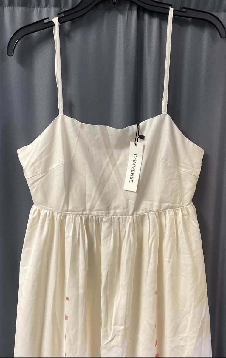 Commense Women's Cream Pink Floral Border Maxi Dress Spaghetti Strap NWT Sz S