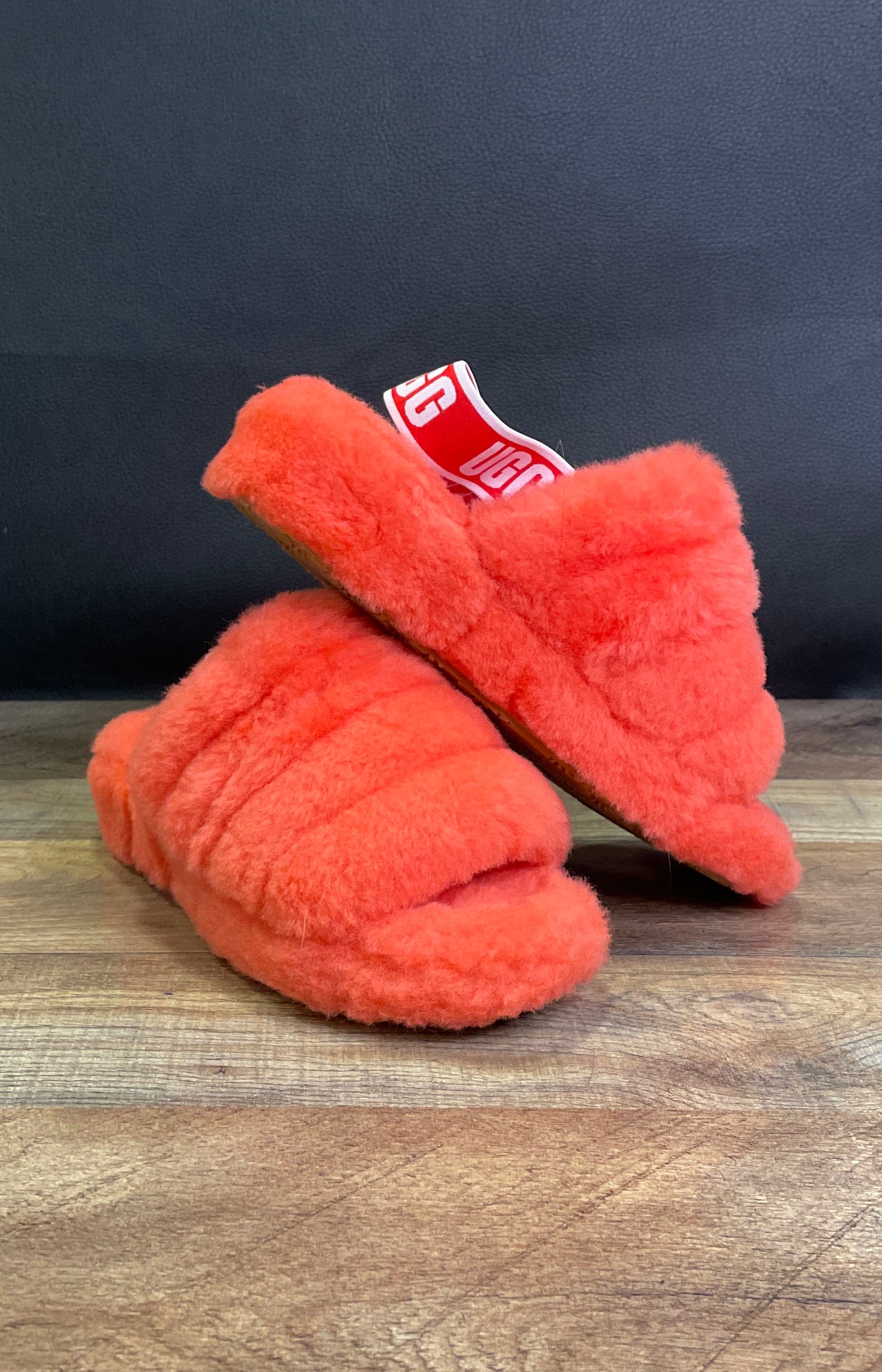UGG Fluff Yeah Slide Coral Pink Sheepskin Elastic Strap Slippers Women's Size 7