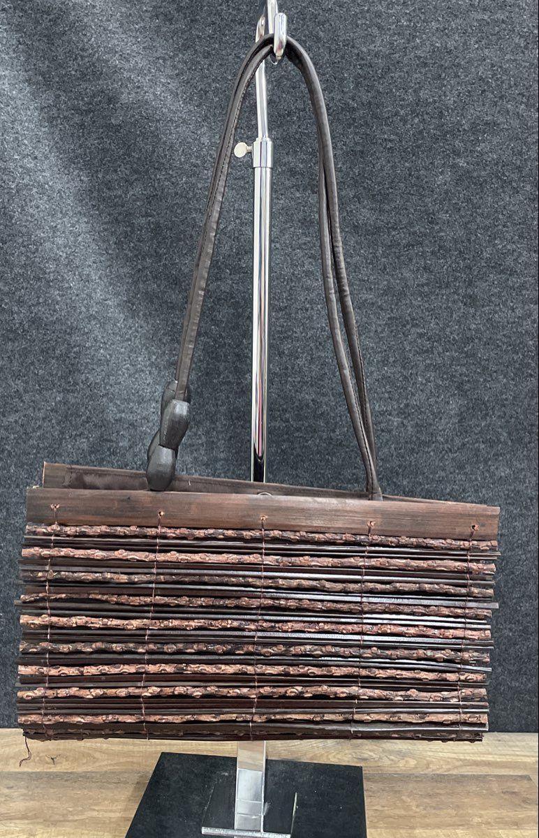 Vintage Brown Wood Slat Twig Boho Shoulder Bag Wooden Bead Accents Handbag