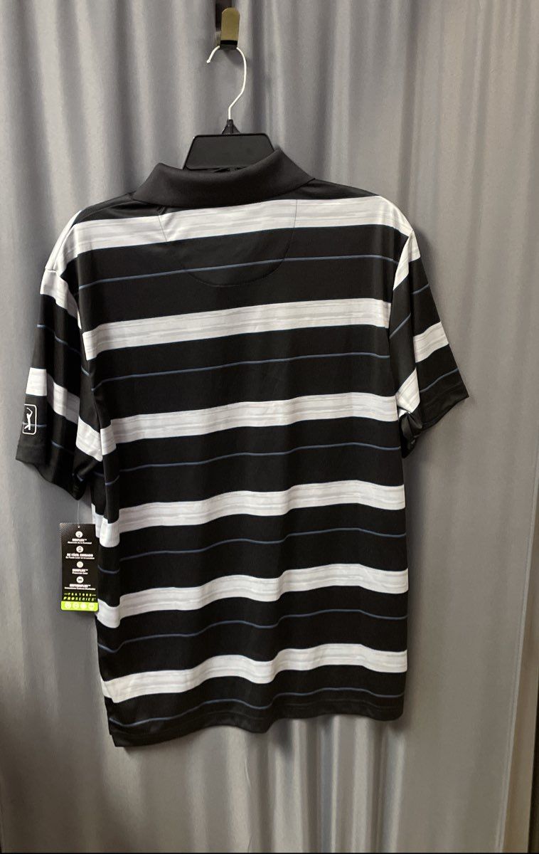 PGA Tour Men's Pro Series Golf Polo Shirt Caviar Black Gray Striped Sz L NWT