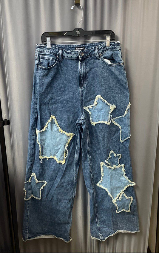 Hot Topic Women's Blue Star Patch Frayed Raw Hem Wide Leg Denim Jeans Size 13