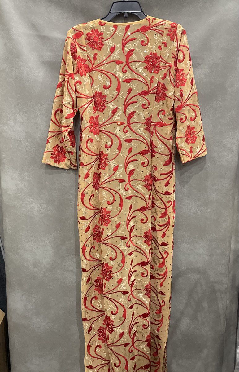 Women's Beige Red Gold Floral Embroidered Mirror Sequin Open Front Long Tunic