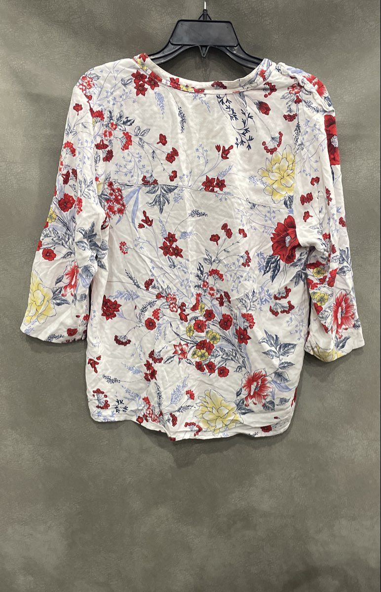 M&S Collection Women's White Floral V-Neck Tie 3/4 Sleeve Blouse Sz 16