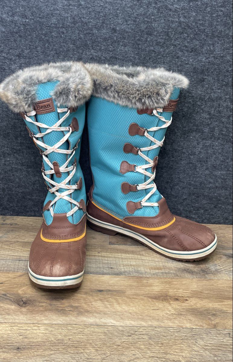 LL Bean Wildcat Boots Teal Brown Waterproof Faux Fur Snow Boots Women's Size 10