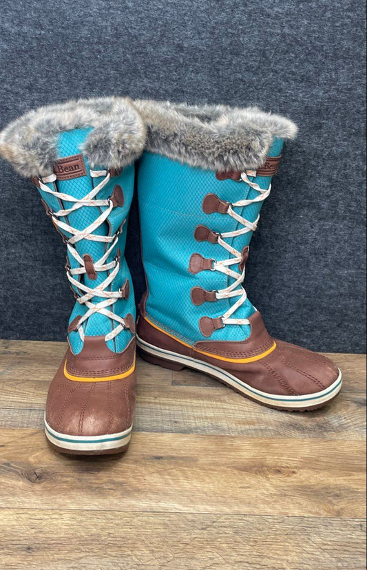 LL Bean Wildcat Boots Teal Brown Waterproof Faux Fur Snow Boots Women's Size 10