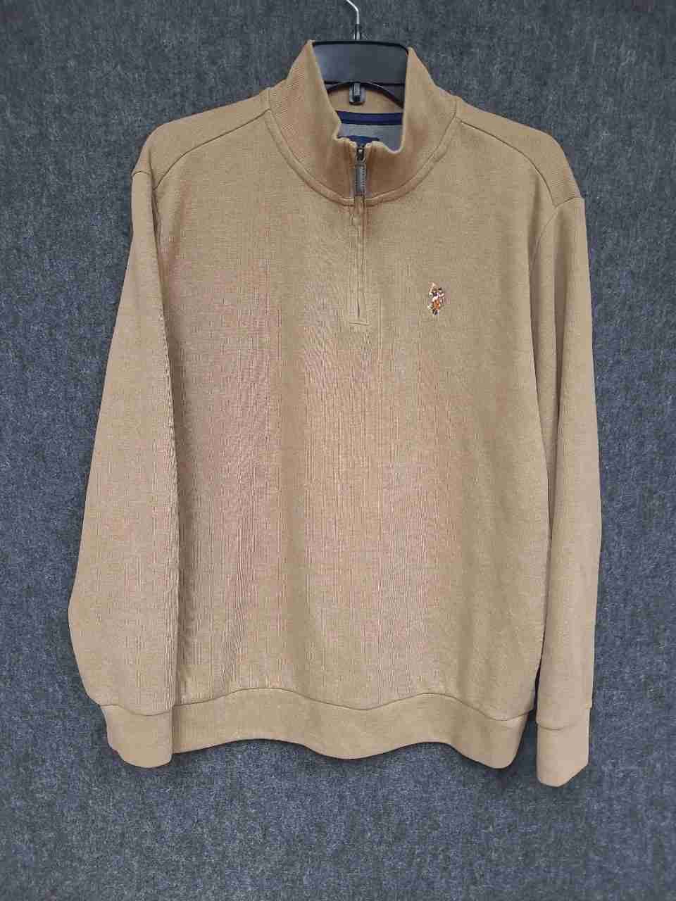 U.S. Polo Assn. Men's Tan 1/4 Zip Pullover Mock Neck Cotton Blend Sz L