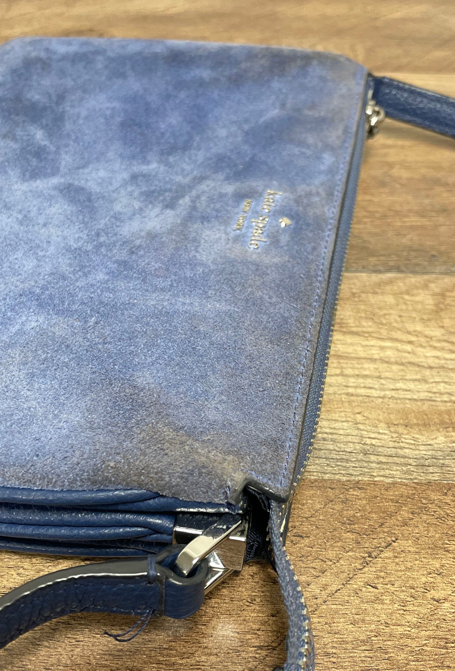 Kate Spade Blue Suede & Pebbled Leather Crossbody Shoulder Bag Silver Hardware