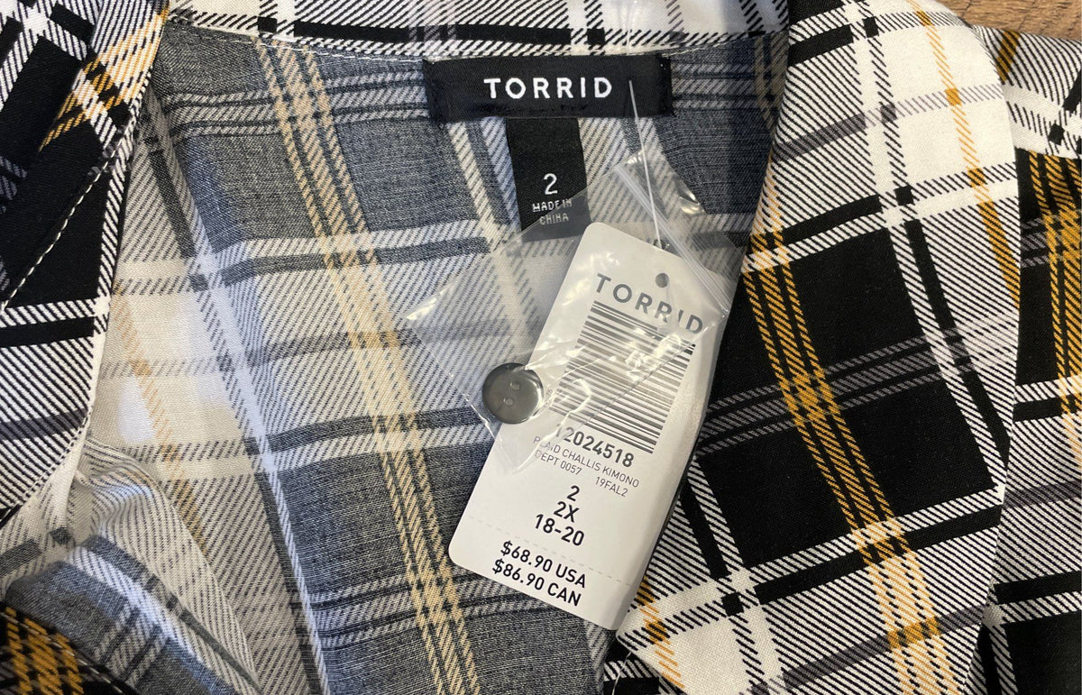 Torrid Women's Black White Yellow Plaid Challis Kimono Duster Sz 2X NWT