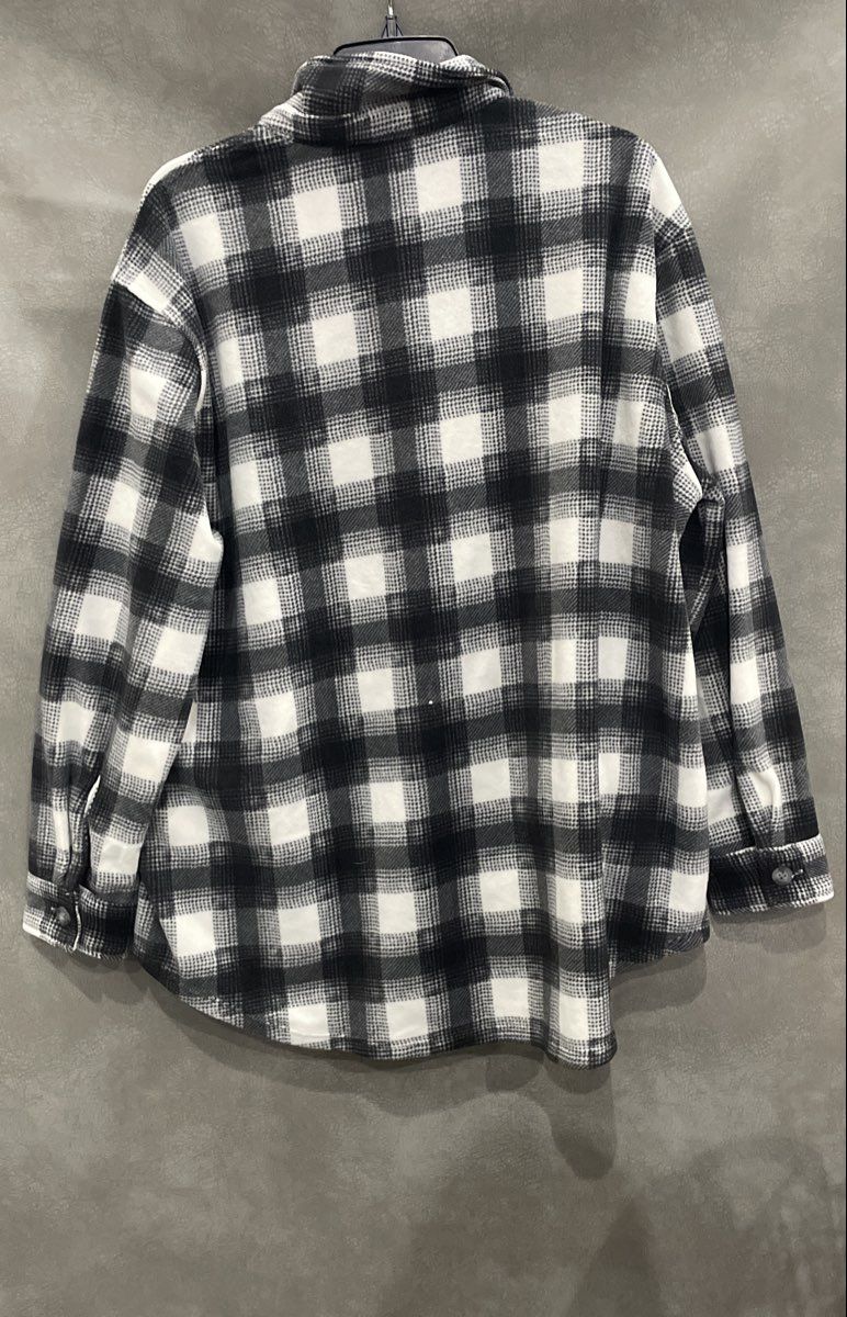 Eddie Bauer Women's White Black Plaid Microfleece Button Up Shirt Jacket Sz XL