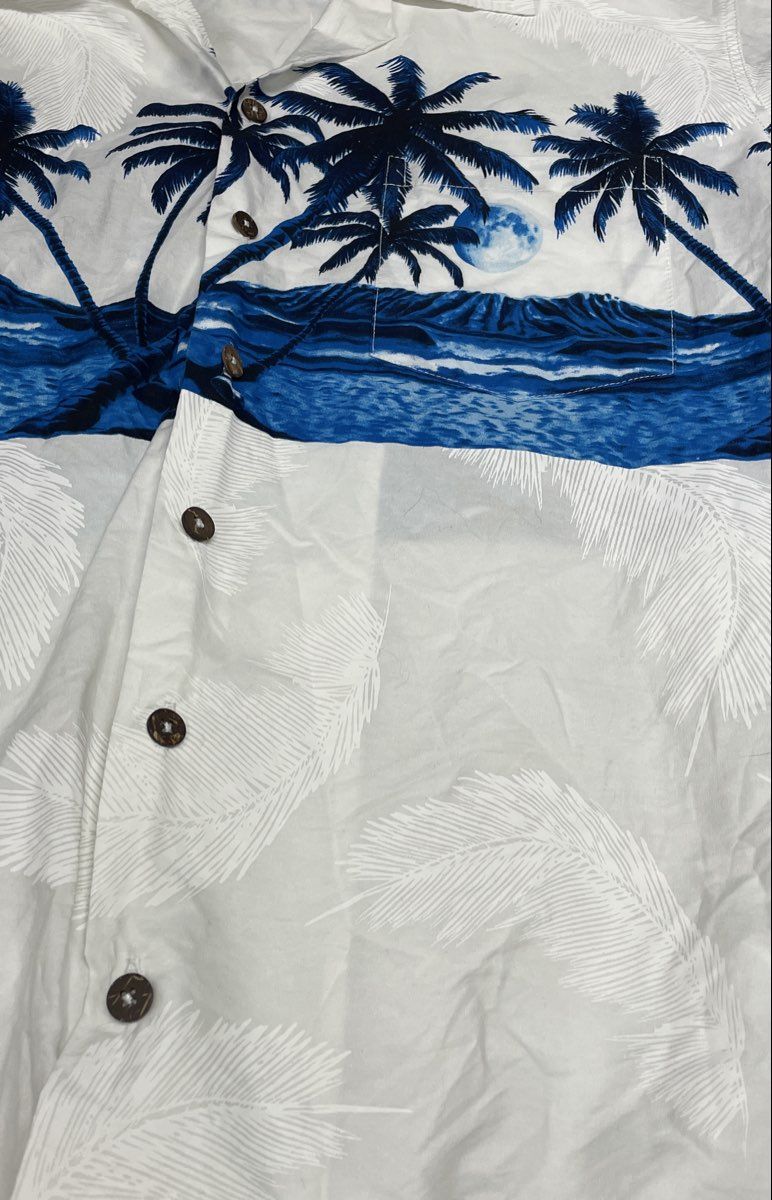 Favant Men's White Blue Tropical Palm Tree Island Cotton Aloha Shirt Sz M