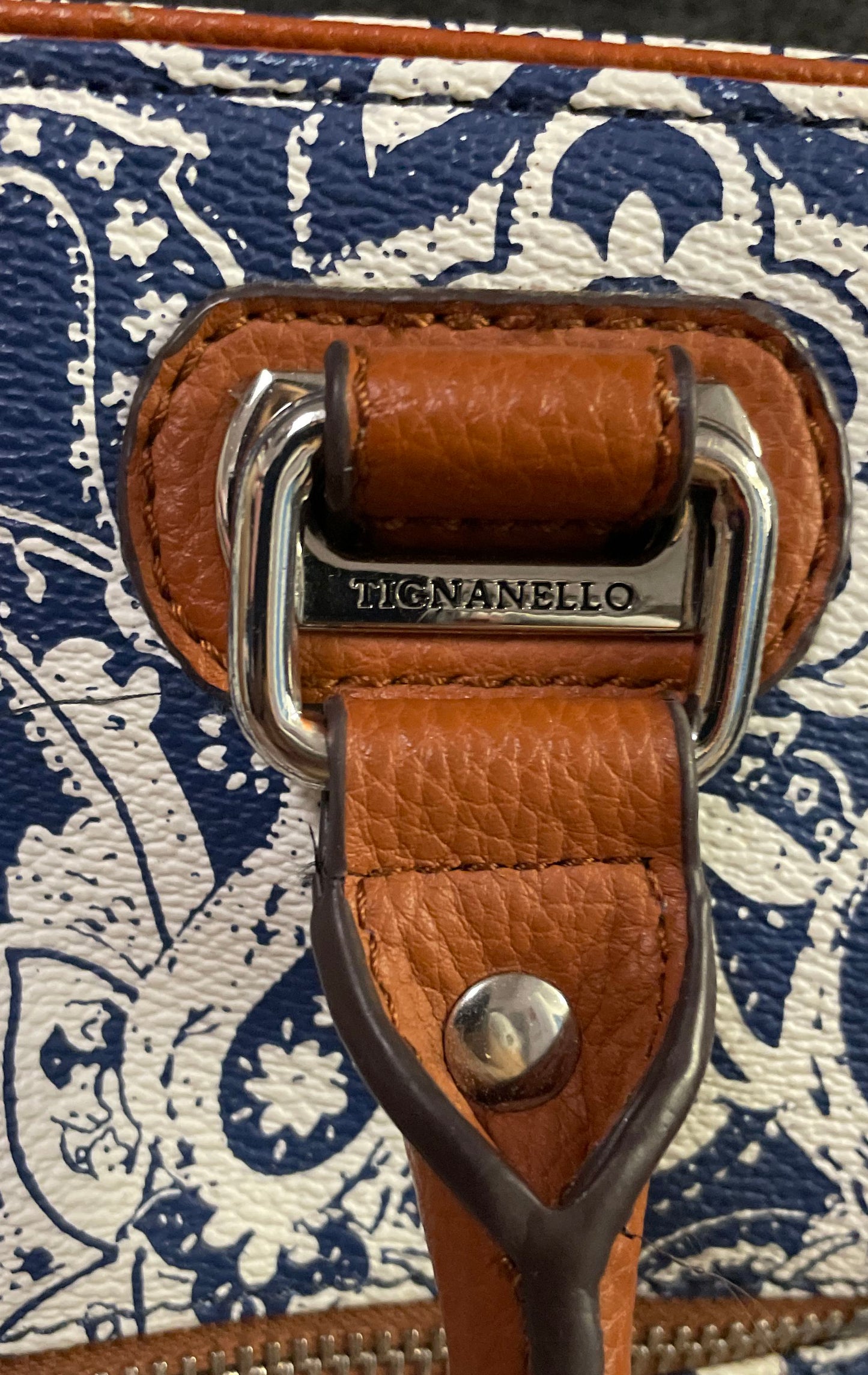 Tignanello Tote Handbag Lot of 2 Blue Paisley Brown Leather Silver Hardware