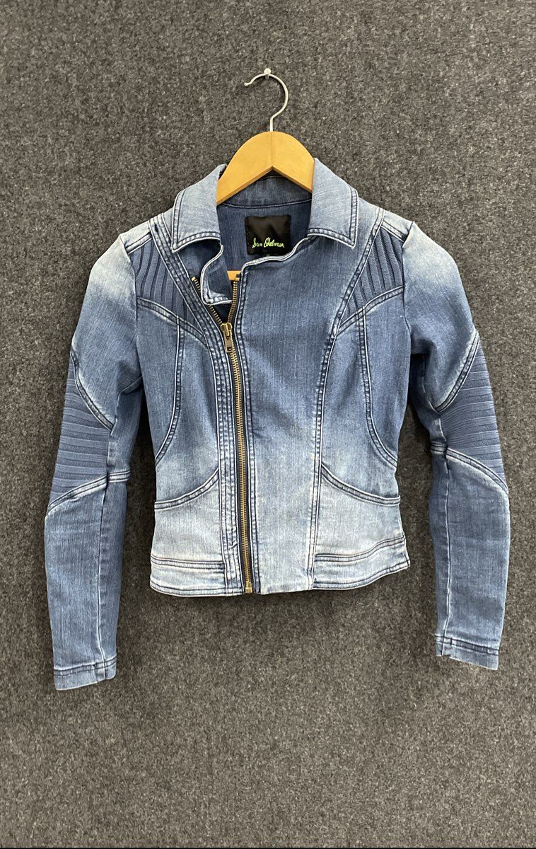 Sam Edelman Women's Blue Denim Moto Jacket Asymmetrical Zip Ribbed Panels Sz XS