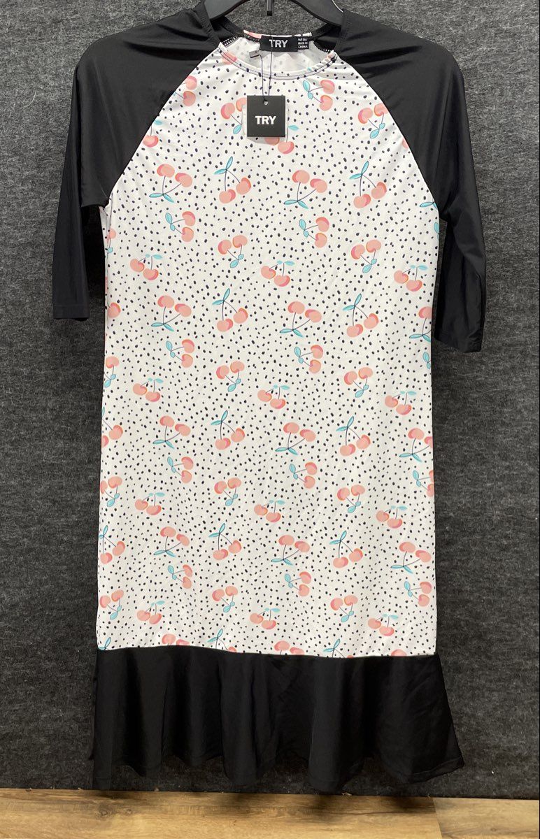 TRY Women's Fruit Print Cover Up Dress White Black Cherry Ruffled Tier Sz 16 NWT