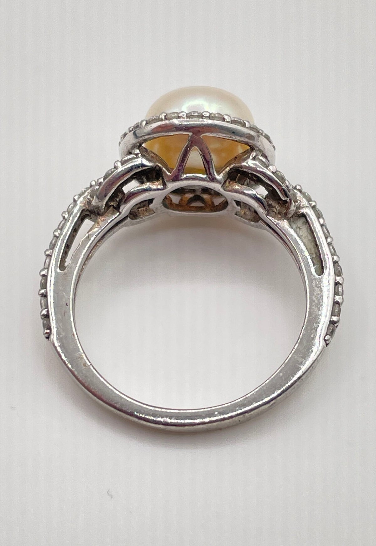 Delmar 925 Sterling Silver White Pearl CZ Halo Accent Ring 3.7g