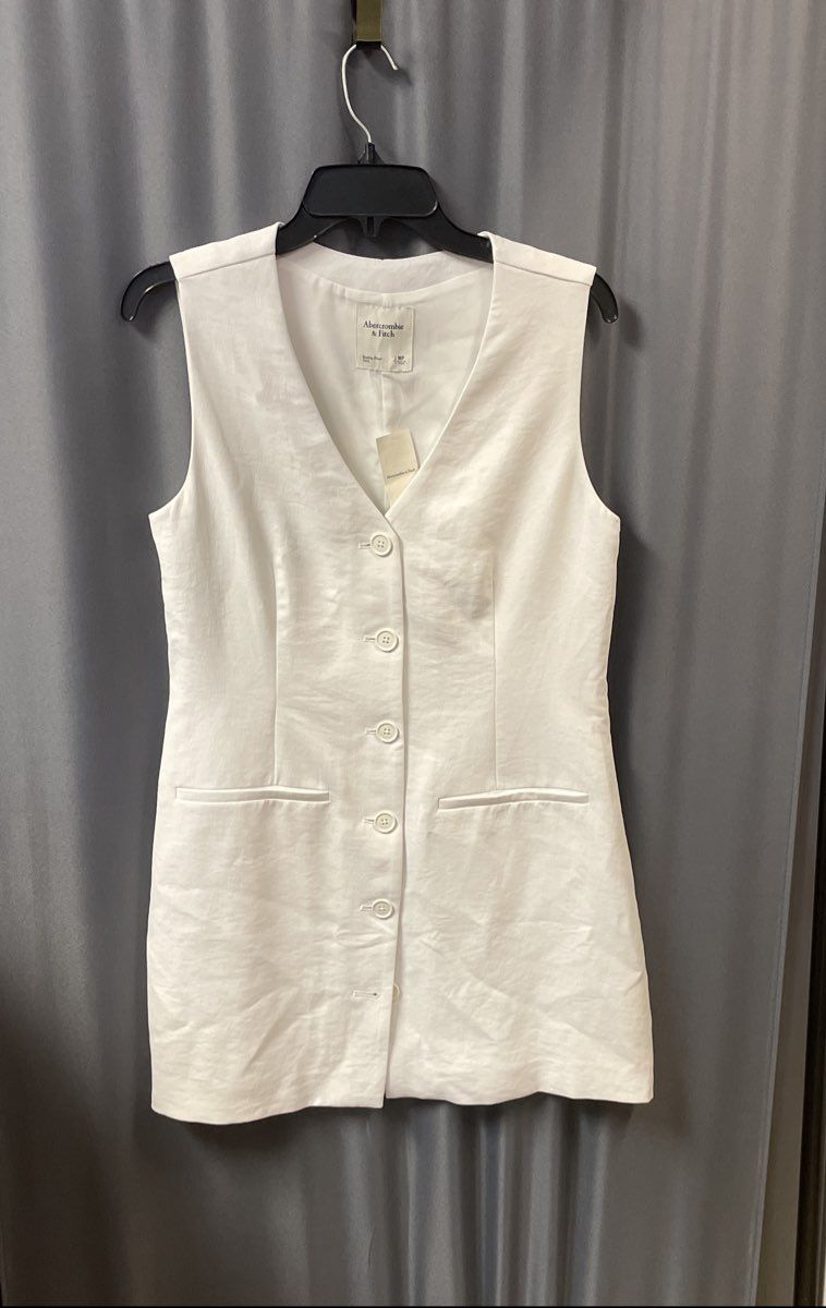 Abercrombie & Fitch Women's White Button Linen-Blend Vest Mini Dress NWT Sz MP