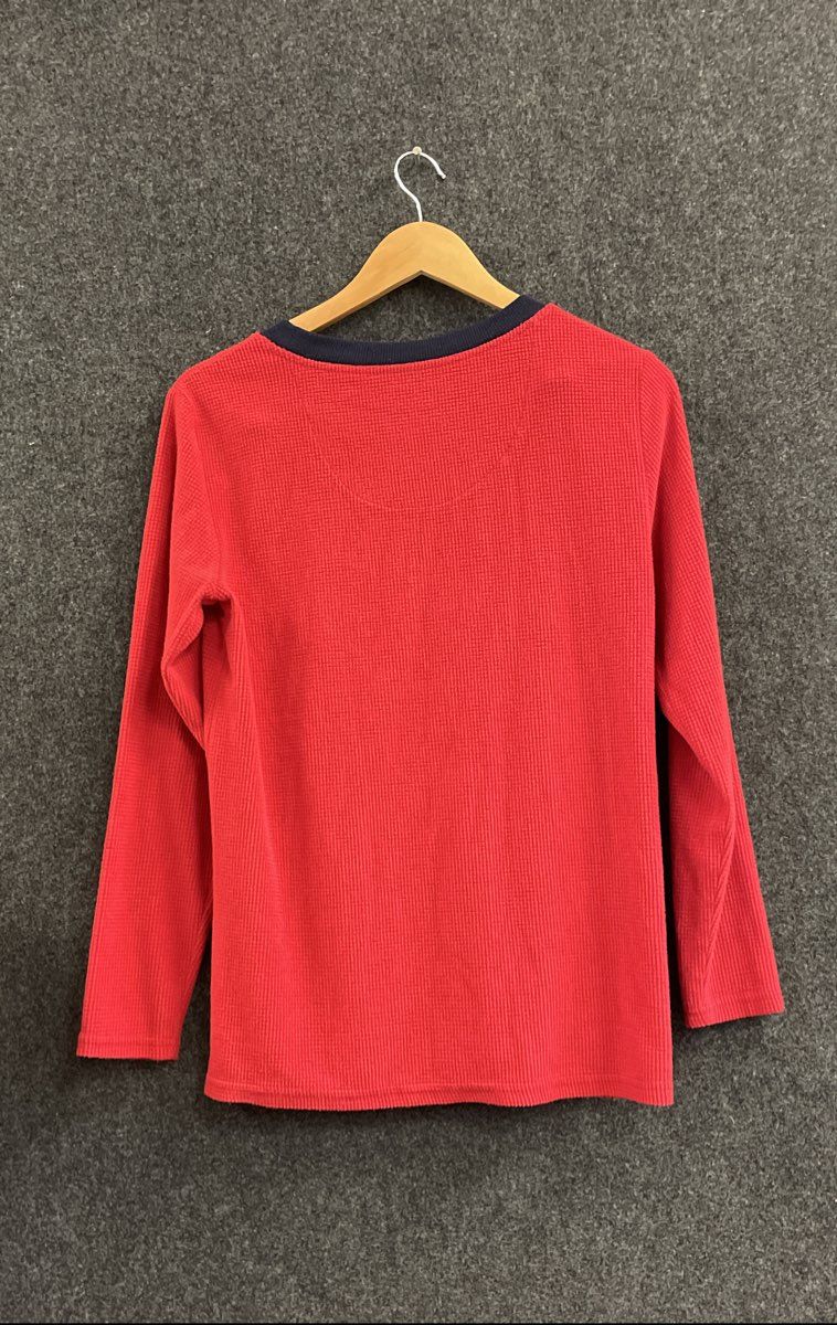Eddie Bauer Women's Red Waffle Knit Pajama Shirt Plaid Deer Patch Sz S