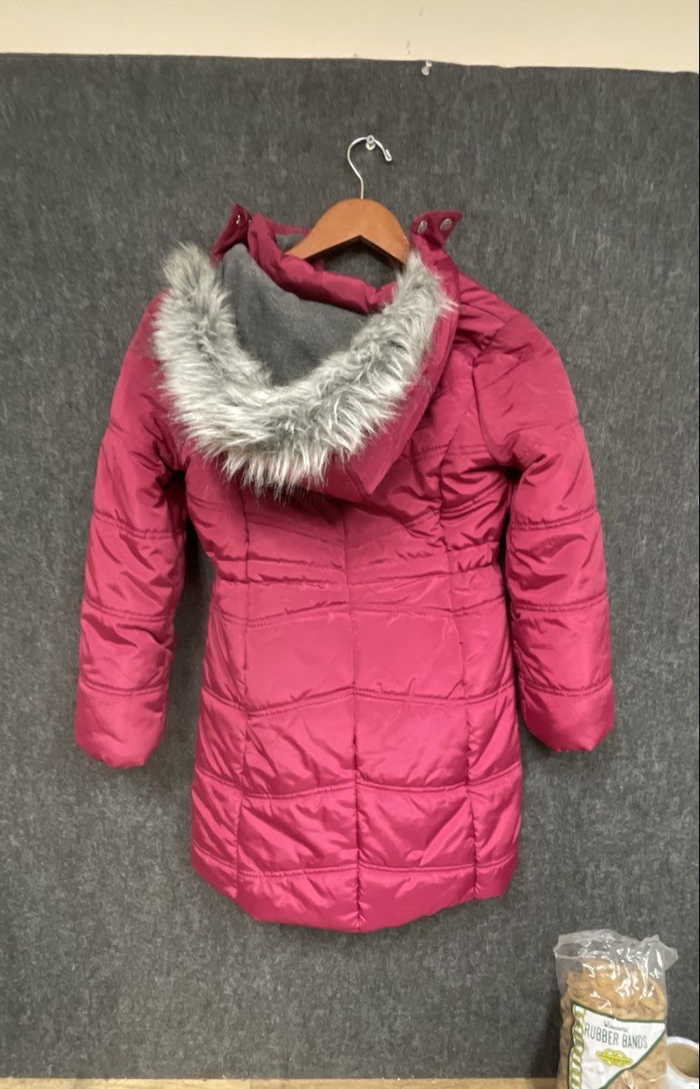 Calvin Klein Jeans Girls Berry Pink Puffer Jacket Faux Fur Hood Fleece Sz M 8/10