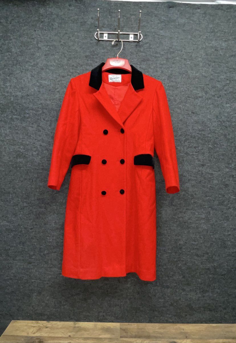 Vintage 90s Rothschild Girls Red Peacoat Velvet Trim Dress Coat Made in USA