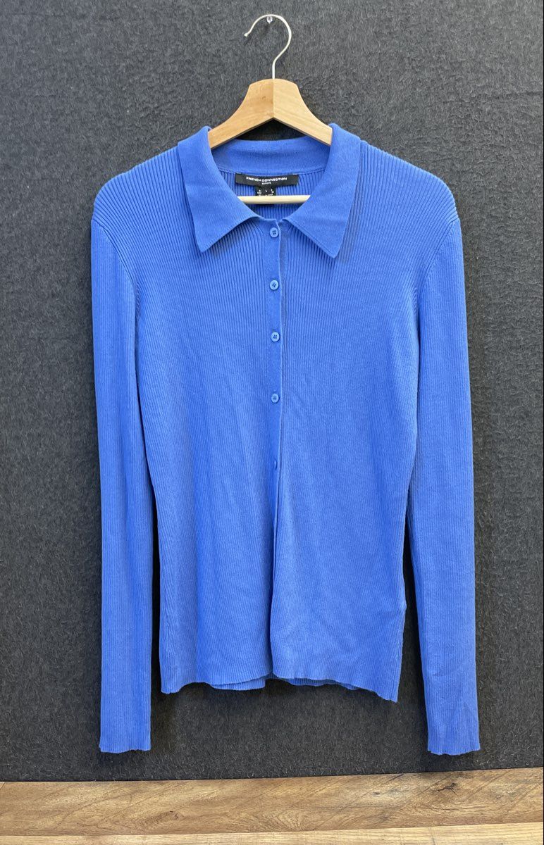 French Connection Women's Blue Ribbed Knit Polo Collar Sweater Cardigan Sz L