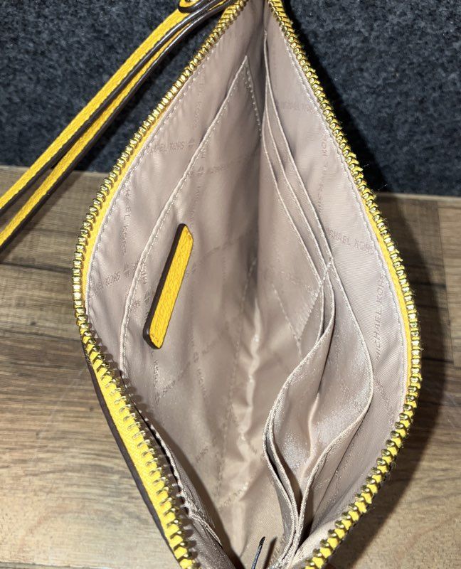 Michael Kors Yellow Pebbled Leather Large Wristlet Pouch Gold Hardware