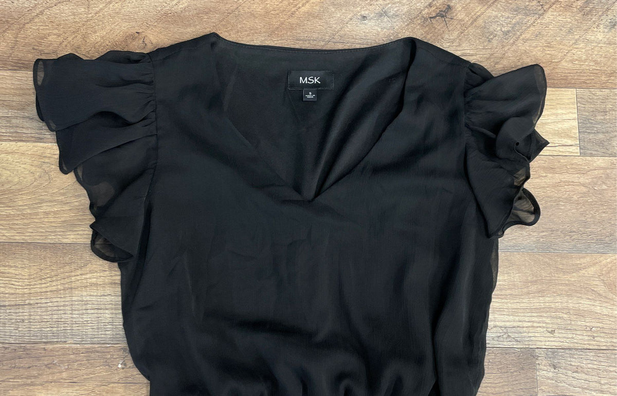 MSK Women's Dress Black Lightweight Flutter Sleeve Smocked Waist V-Neck Sz S