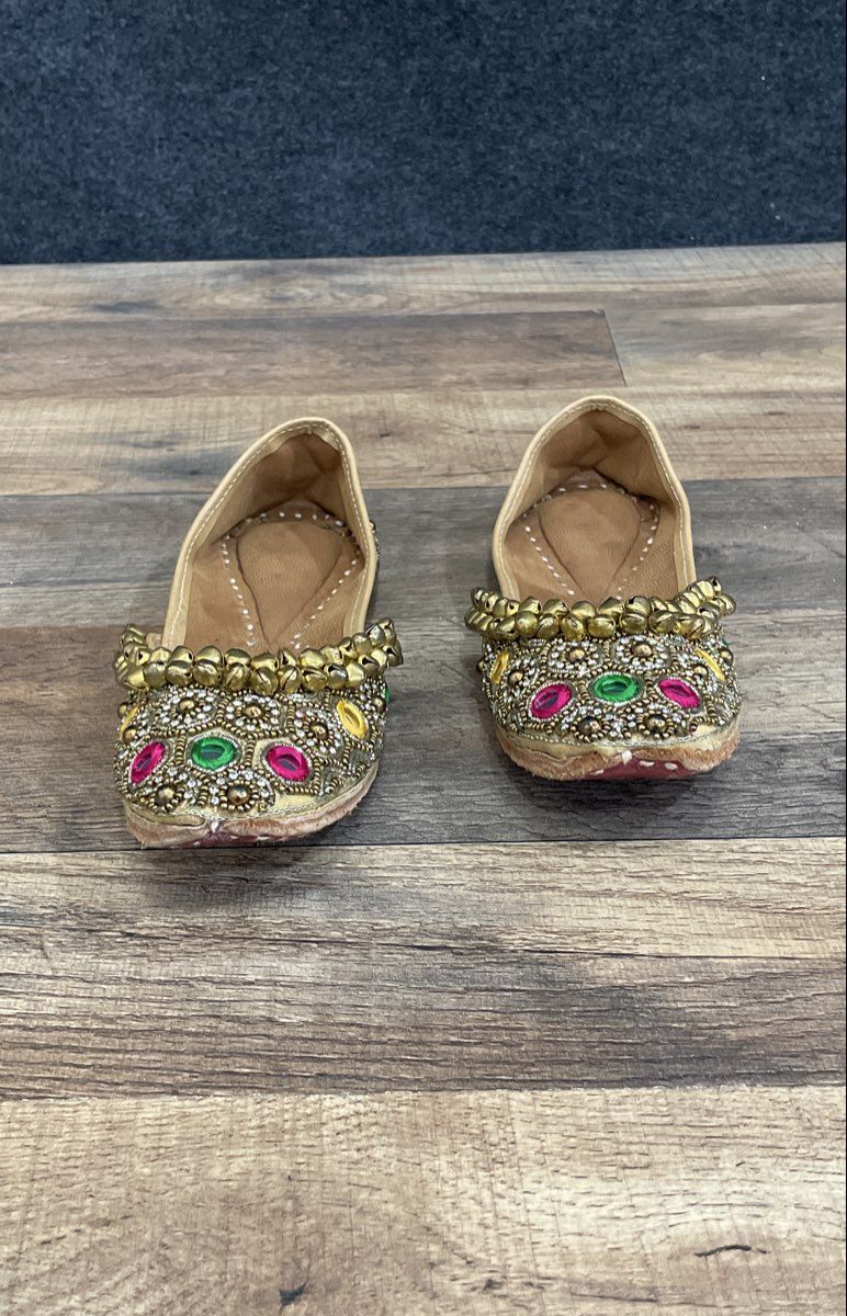 Traditional Indian Juttis Khussa Mojari Beige Gold Mirror Work Ghungroo Size 13