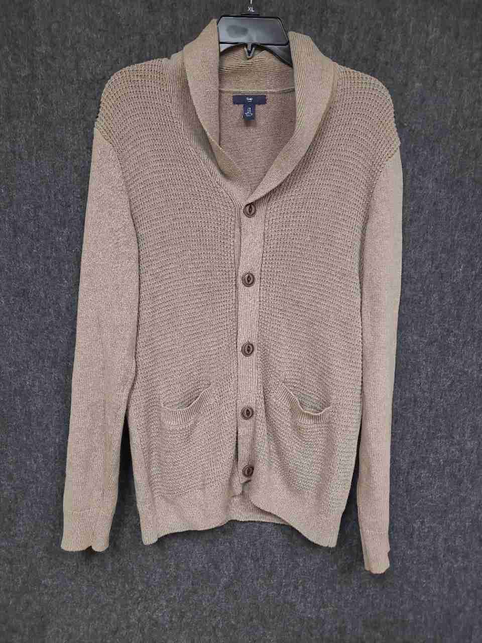 Gap Men's Tan Shawl Collar Cardigan Sweater Cotton Waffle Knit Sz S