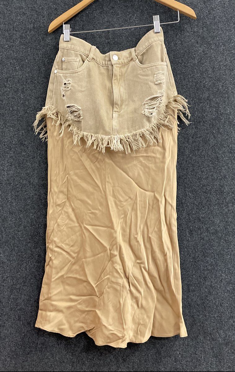 Pilcro Anthropologie Tan Distressed Denim Mixed Media Maxi Skirt Sz 2