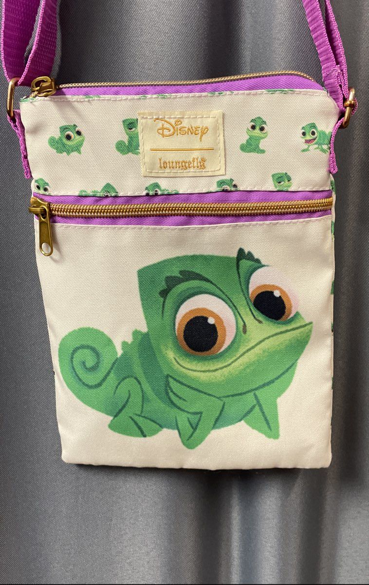 Disney Loungefly Tangled Pascal Passport Crossbody Bag White Purple Canvas