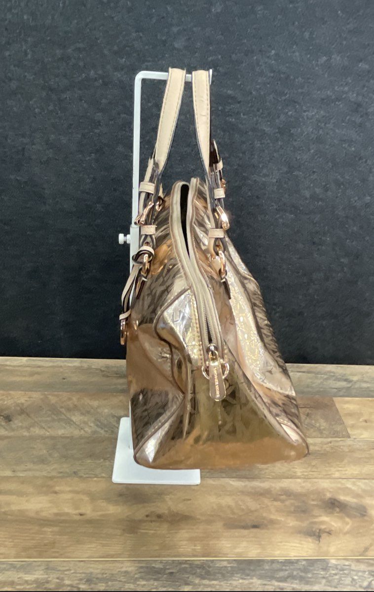 Michael Kors Rose Gold Mirror Monogram Logo Satchel Handbag Rose Gold Hardware