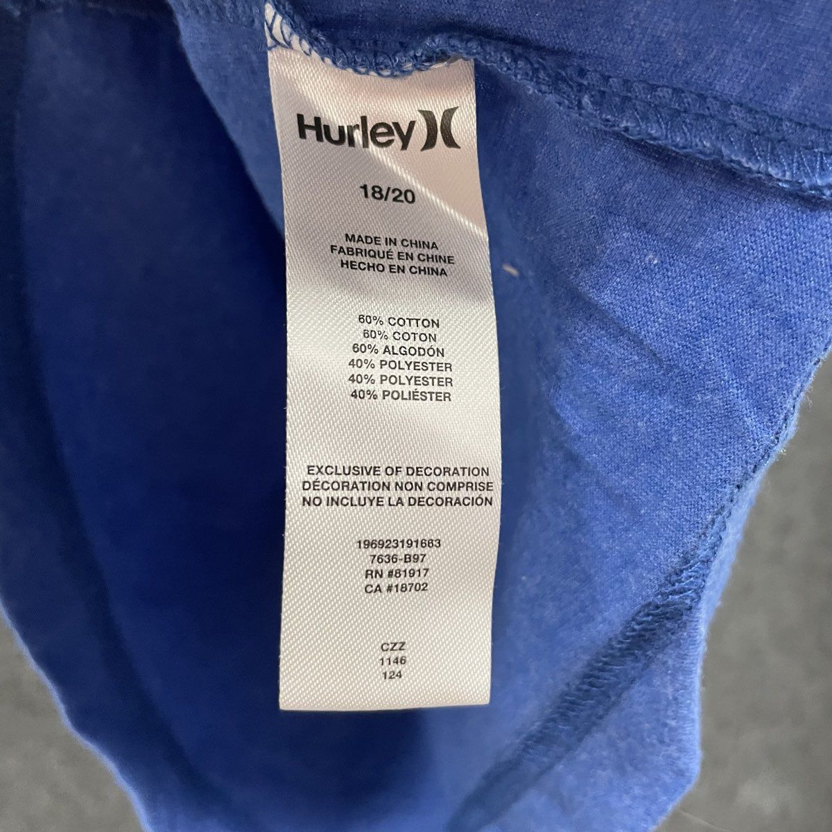 Hurley Boys T-Shirt Blue Heather Graphic Logo Cotton Blend Sz 18/20