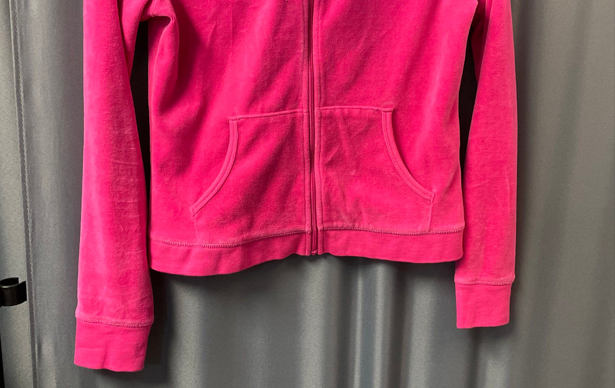 Juicy Couture Women's Pink Velour Zip-Up Hoodie Glitter Back Graphic Sz M