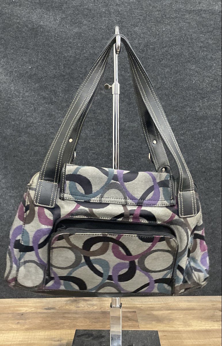 Rosetti Grey Multicolor Circle Print Canvas Shoulder Bag Satchel Silver Hardware