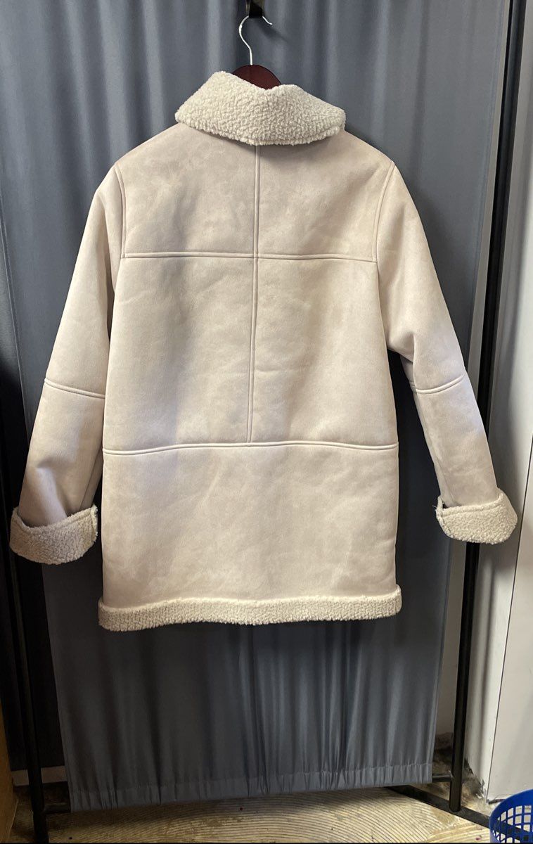 Calvin Klein Women's Faux Shearling Coat Cream Beige Suede Mid Length Sz L