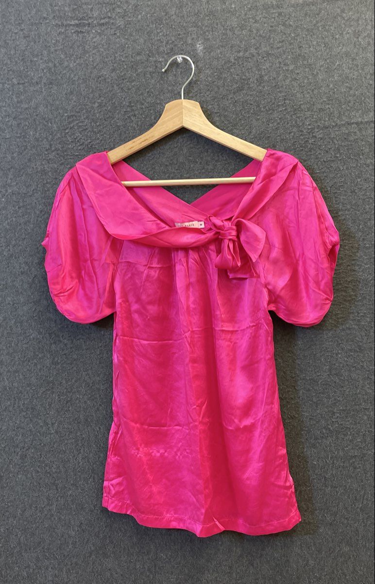 Ted Baker Women's Pink 100% Silk Puff Sleeve Tie Neck Blouse Top Size 0