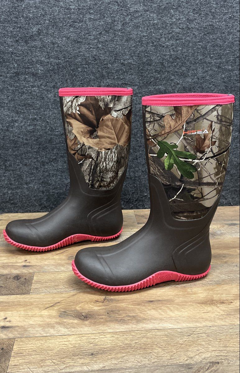 HISEA Women's Neoprene Camo Rubber Hunting Rain Boots Brown Pink Size 9.5