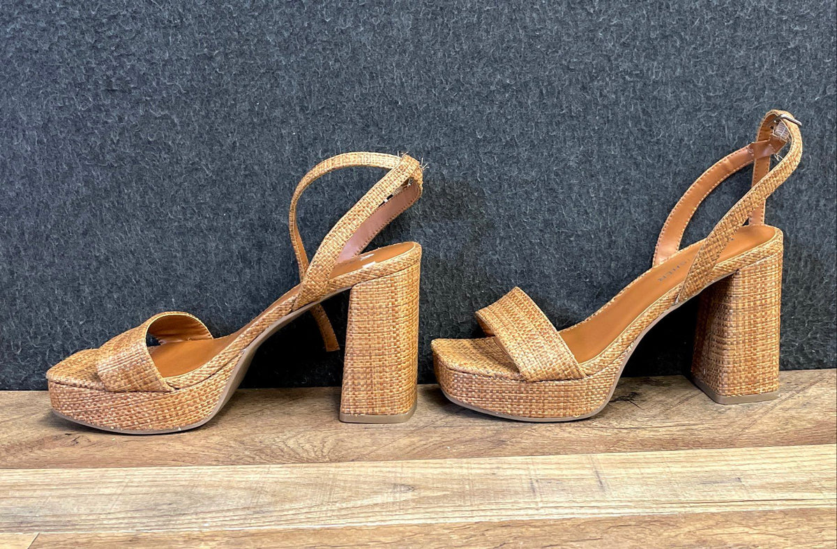 Marc Fisher Woven Raffia Platform Block Heel Sandals Women's Tan Size 6.5