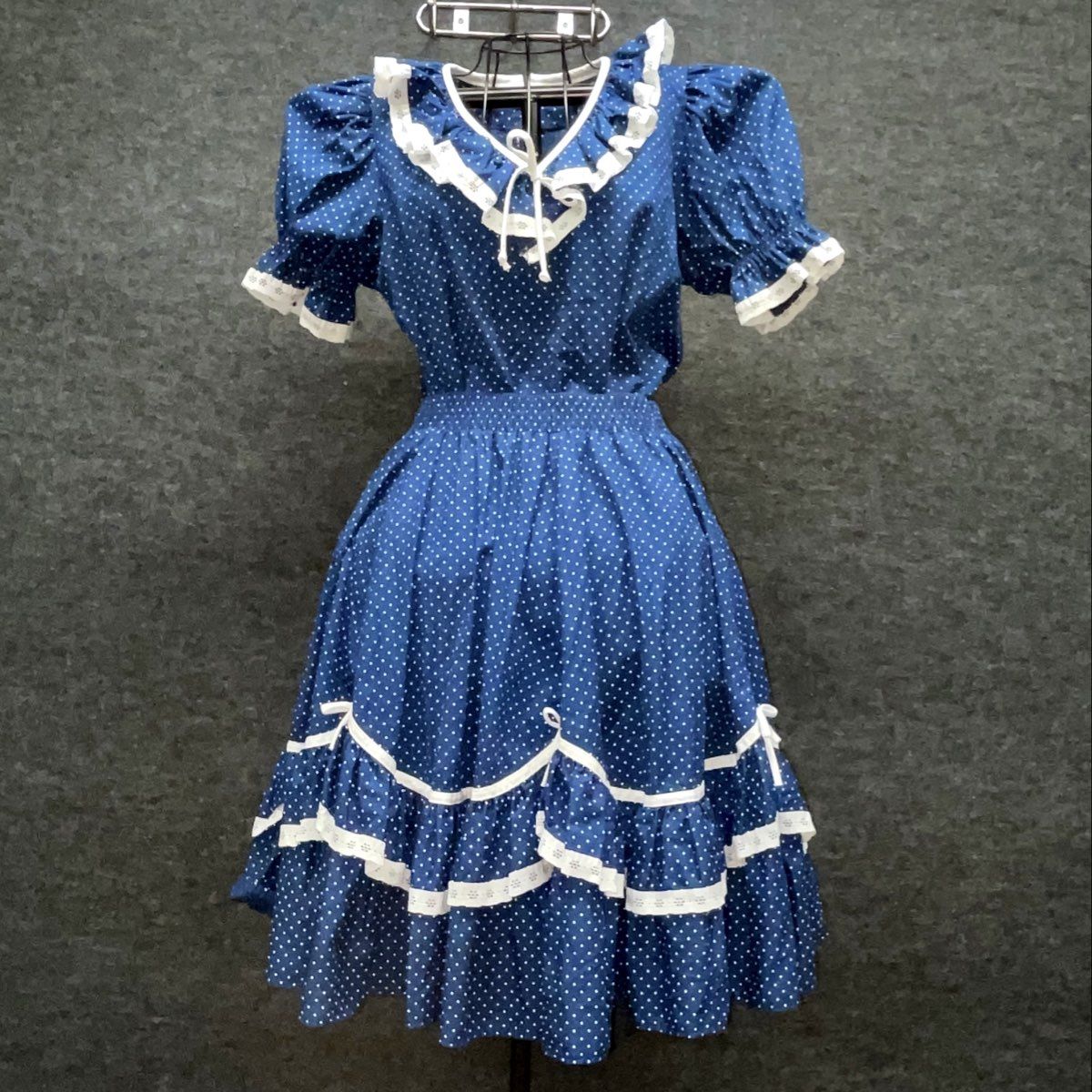 Vintage 80s Blue Polka Dot Square Dance Skirt Blouse Set Eyelet Size M