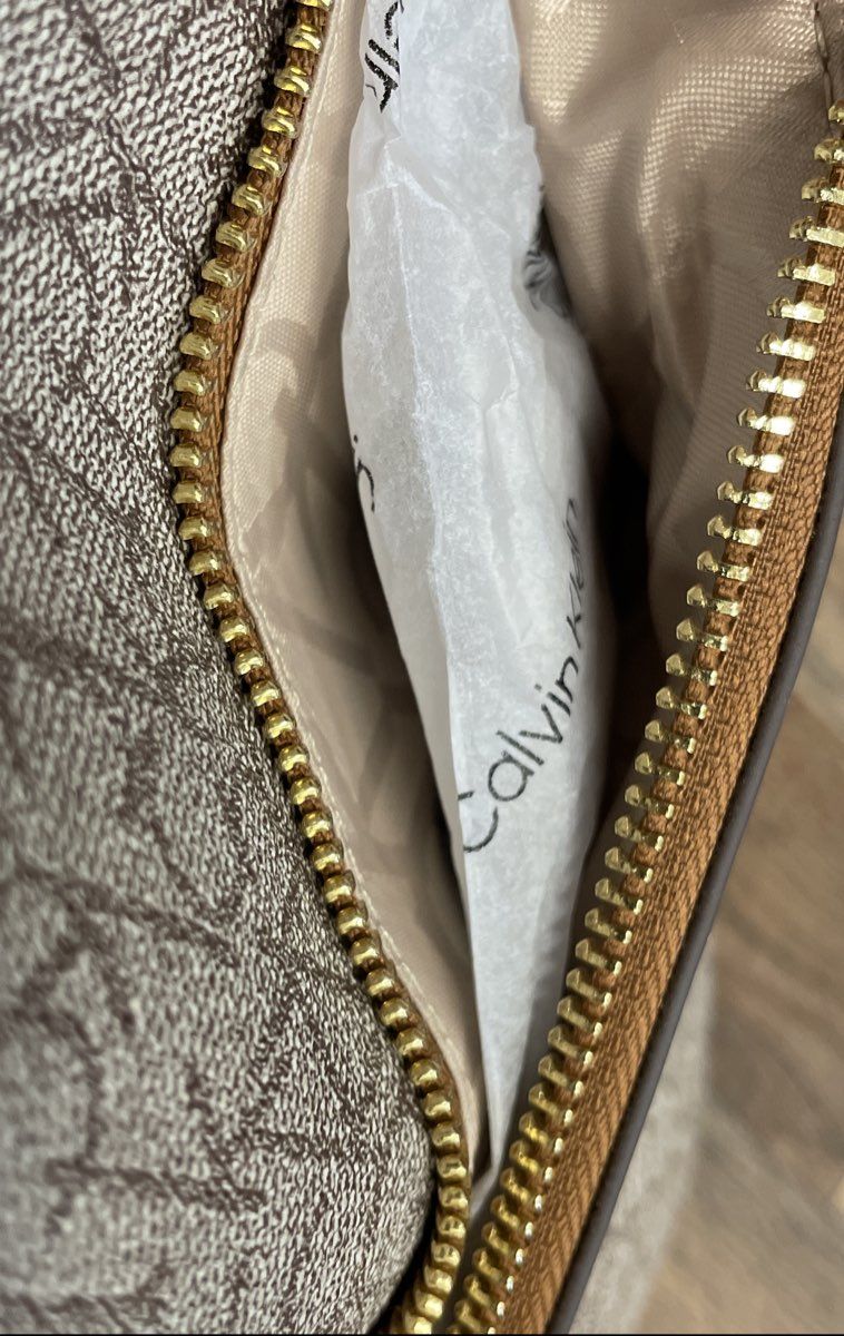 Calvin Klein Beige Tan Monogram Logo Convertible Backpack Sling Bag Gold