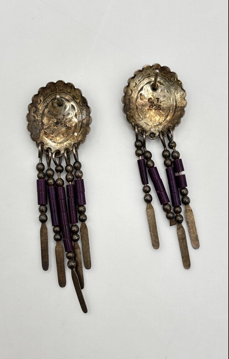 Quoc Turquoise 925 Sterling Silver Concho Fringe Dangle Earrings 3.9g *Damaged*